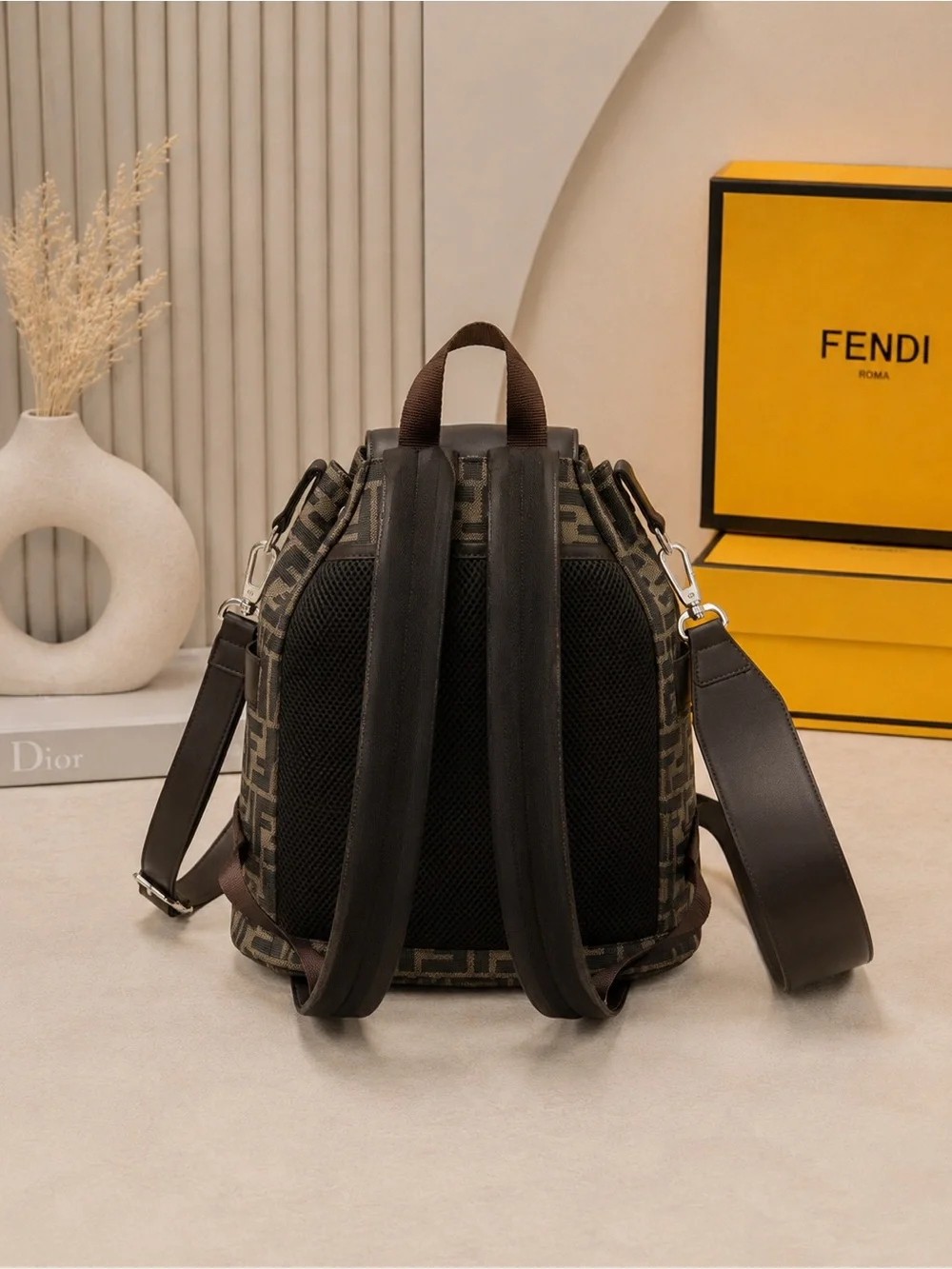 Fendi Brown Monogram Canvas Backpack with Black Leather Trim